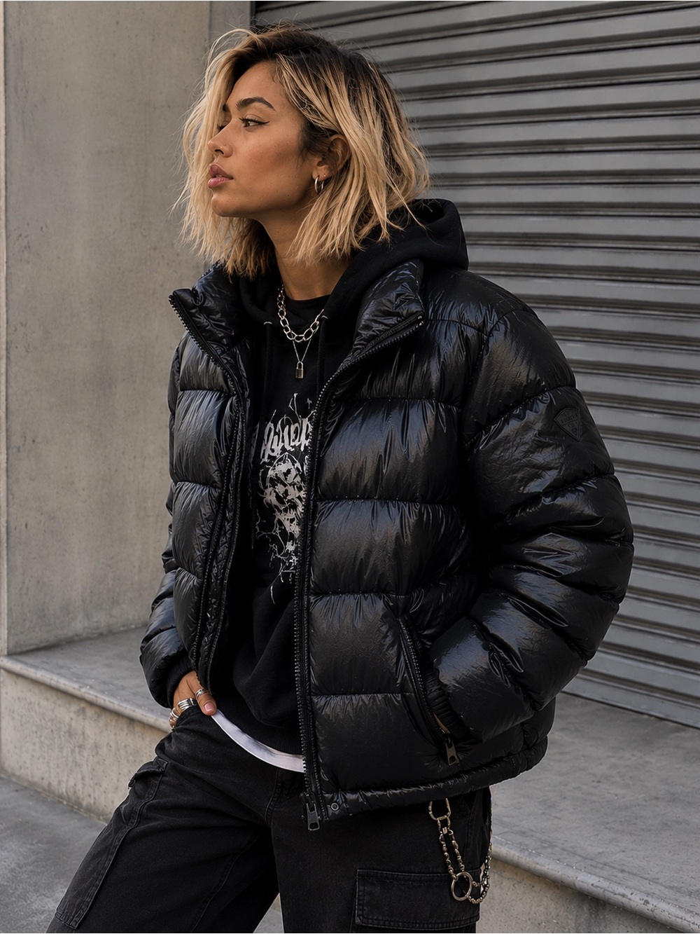 GAP Women’s Shiny Black Puffer Jacket with hidden Hood